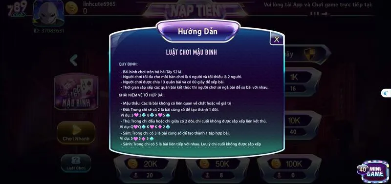 Luật chơi game bài mậu binh tại 789Club