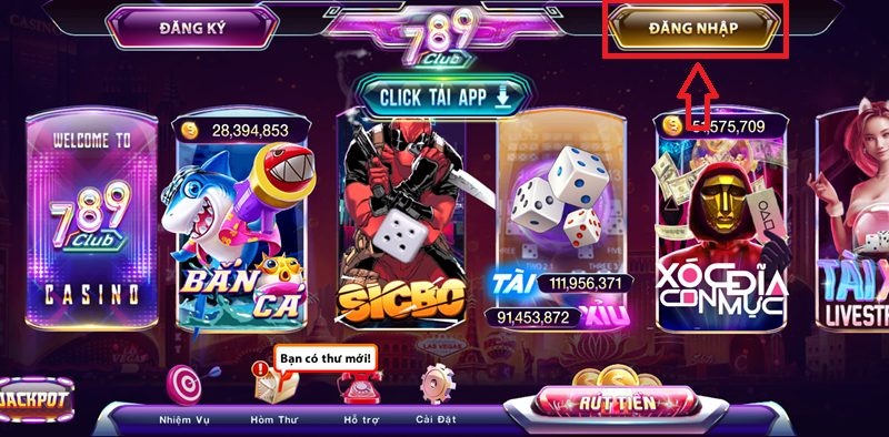 Nút đăng nhập được bố trí dễ thấy ở sảnh game